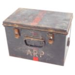 A World War II ARP tin box, 21cm high, 30cm wide, 19cm deep.