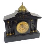 A Victorian slate mantel clock, circular brass dial with visible brocot escapement, chapter ring bea