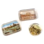 Three Victorian glass and photographic paperweights, showing views of Scarborough, Edinburgh, and Ko