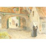 W Cecil Dunford (1885-1969). The entrance to the Beguinage, Bruges with figures, watercolour, signed