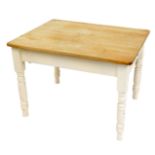 A rustic pine kitchen table, on a white painted base, with stripped top, 75cm high, 106cm wide, 84cm