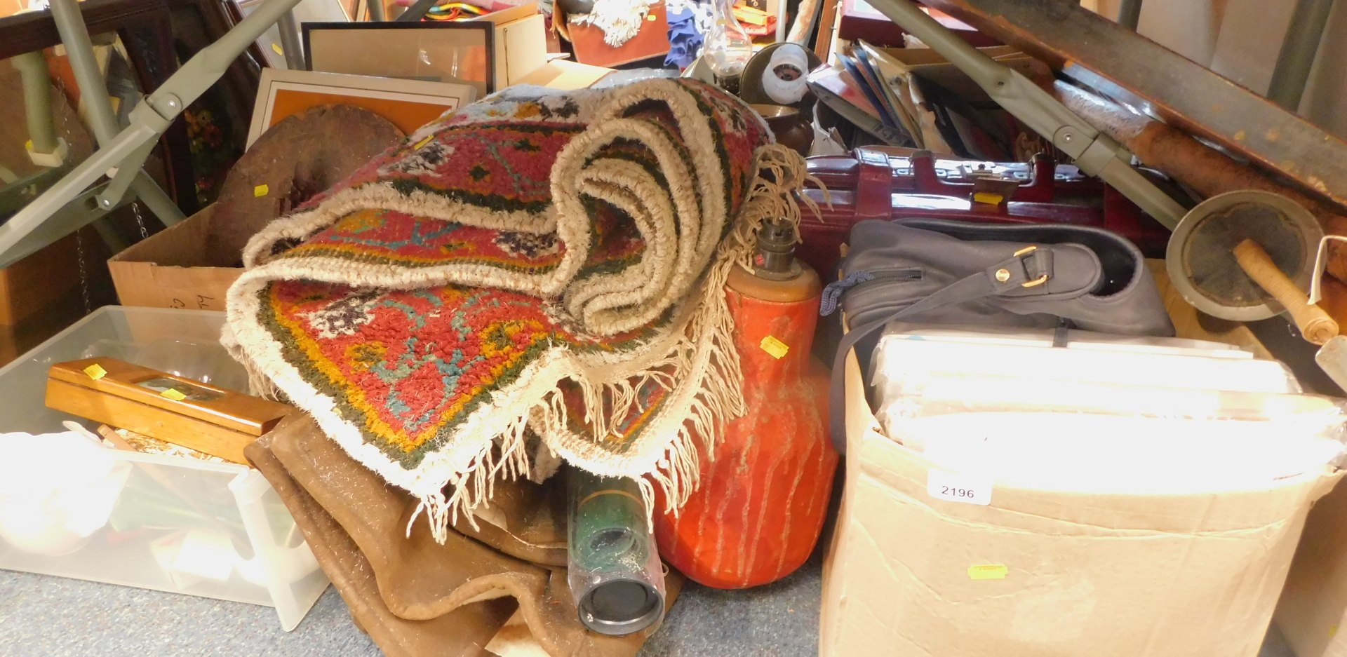 Household wares, to include walking sticks, fencing foil, suitcase, lamp, suede jacket, rug, ornamen