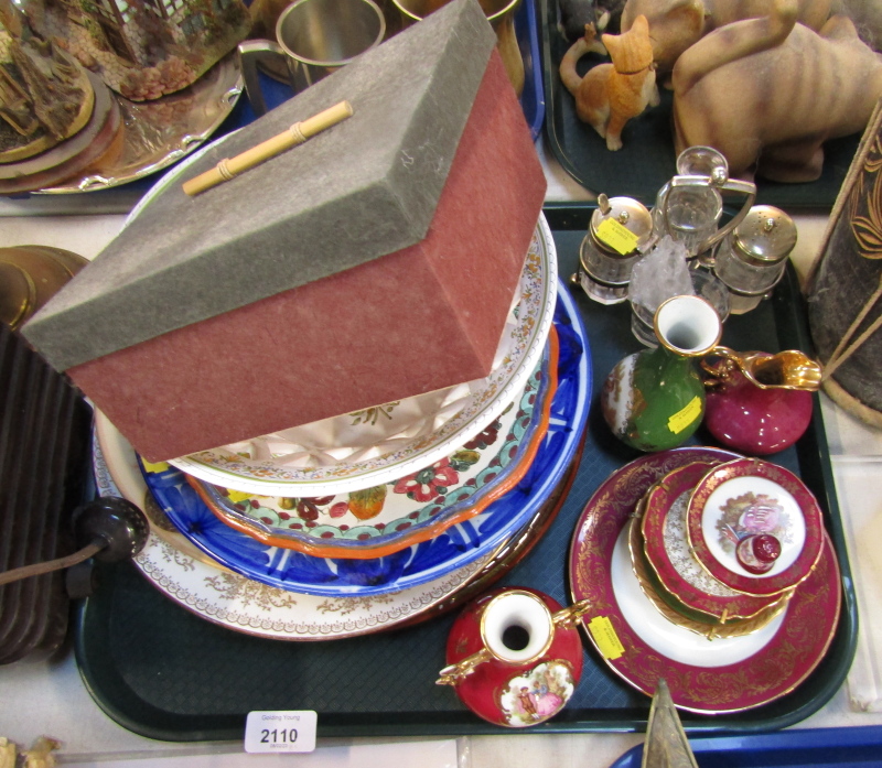 Cabinet plates, basket weave bowl, cruet, Limoges wares, etc. (1 tray)