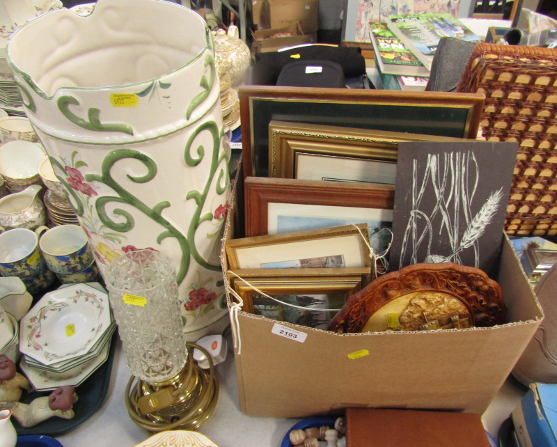 Various pictures and prints, a gilt and glass table lamp, and an umbrella stand. (3)