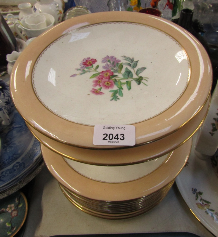 A 19thC Copeland porcelain dessert service, each with peach border and flowered detailing, comprisin