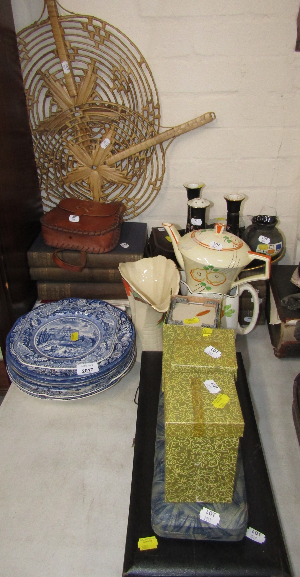 Various ceramics, books and effects, Chinese cases, part dressing table set, wicker beaters, books,