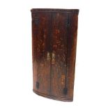 An early 19thC oak hanging corner cabinet, with carved dentil top above two plain doors revealing sh