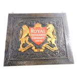 A mid 20thC oak backed Royal Insurance Company Ltd sign, with hooks to the top, raised with gilt Lio