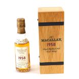 A miniature bottle of the Macallan 1958 single Highland malt Scotch whisky, 52.9% volume in outer ca