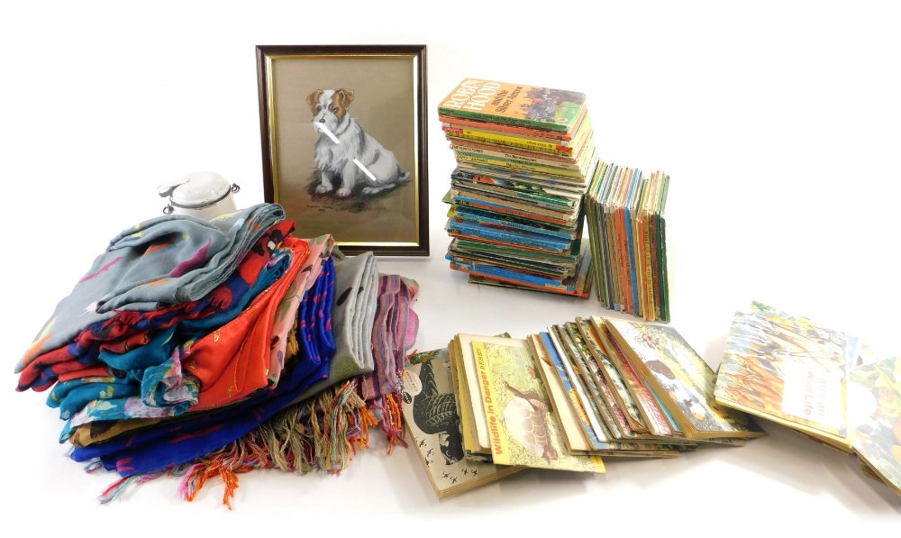 Various ephemera, tea cards, Sandra Moody, mixed media picture of a dog, material scarves, jerry can