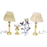A pair of brass table lamps, on square tapering classical stems, and square feet, with cream shade,
