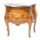 A 20thC Continental kingwood and burr walnut bombe shaped commode, the marble top with a moulded edg