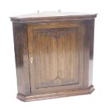 An oak corner cabinet, with linenfold carved panelled door, 86cm high, 89cm wide.