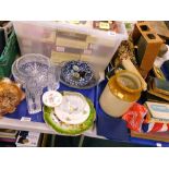 Pottery and glassware, carnival glass bowl, stoneware jar, Cadbury's tin, Royal Commemorative tin, B