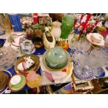 Various decorative china and effects, glassware, vases, decorative plates, oak biscuit barrel, shavi