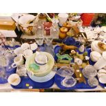 Various decorative china and effects, Majolica jardiniere, decanters, other glassware, various decor