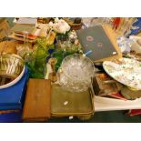 Various glassware, decorative china and effects, records, record sets, wooden box, serving dish, met