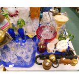 Various drinking glasses, glass vase, green glass large brandy balloon, table centre, weight, umbrel