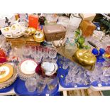 Various decorative china and effects, pressed and moulded glassware, small case, small wicker hamper