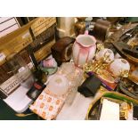 Various glassware, mantel clock, hanging light, dressing table set, camera, Queen Anne serving baske