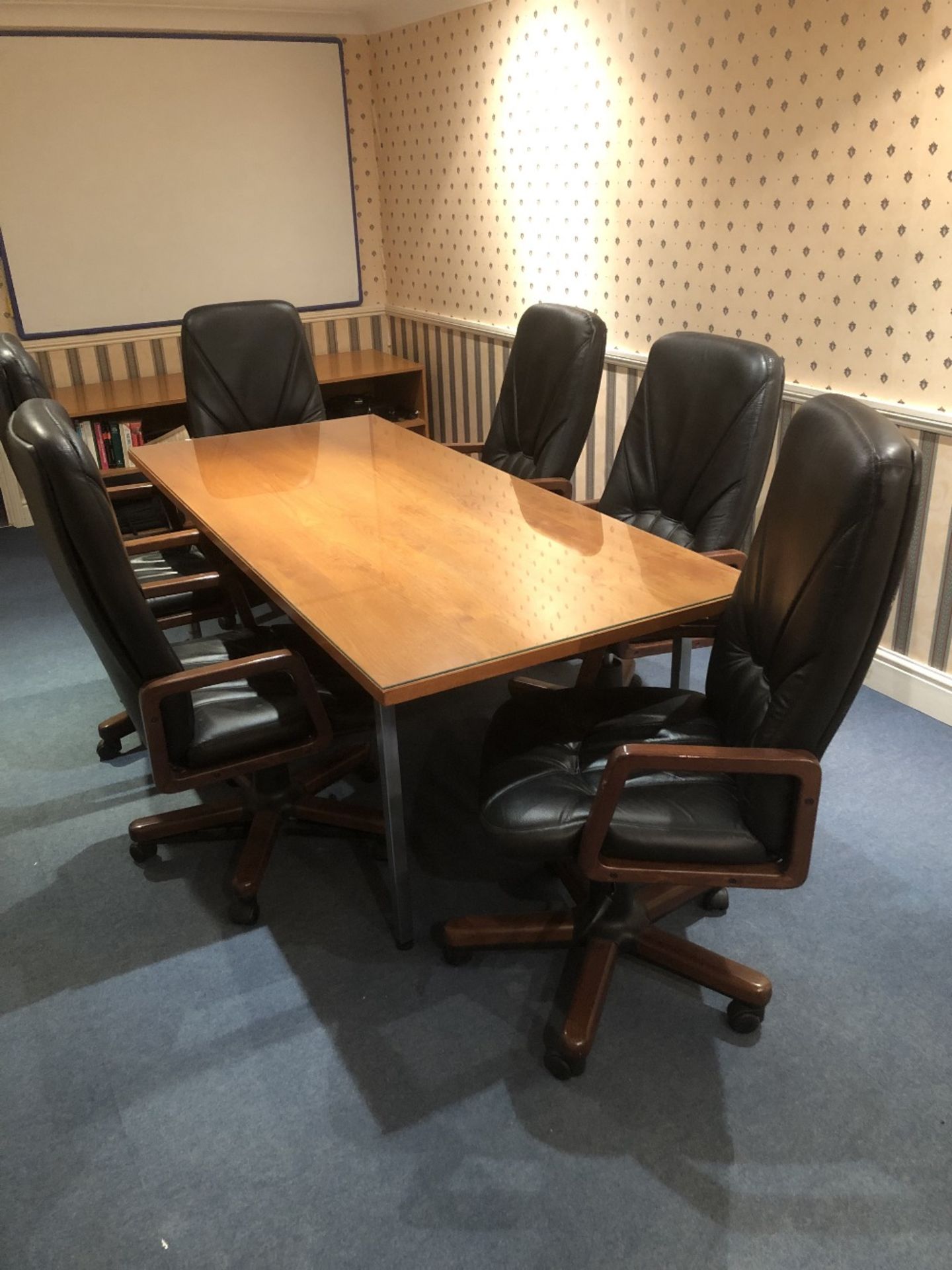 A boardroom suite, comprising six armchairs, table, 210cm x 90cm, and side cabinet, 180cm wide, toge