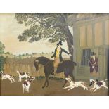 Manner of Haddelsey. Figure on horseback with hounds, aside figure holding rifle, oil on board, unsi
