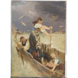 Finch (19thC School). Defiant refugees in a makeshift boat on stormy seas, oil on board, indistinctl
