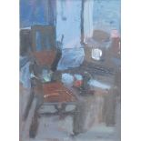 20thC School. Interior scene, chair and table, oil, unsigned, 19cm x 13cm.