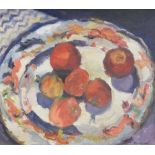 Sheila Macmillan (1928-2018). Plate With Tomatoes, oil on canvas, signed, 36cm x 40cm. Labelled vers