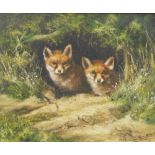 Mick Cawston (1959-2006). Foxes watching from the set, oil on canvas, signed, 26cm x 30cm.