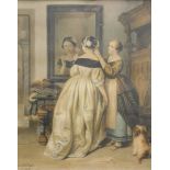 Adrien Joseph Verhoeven-Ball (1824-1882). Figures of ladies in interior setting aside puppy, with mi