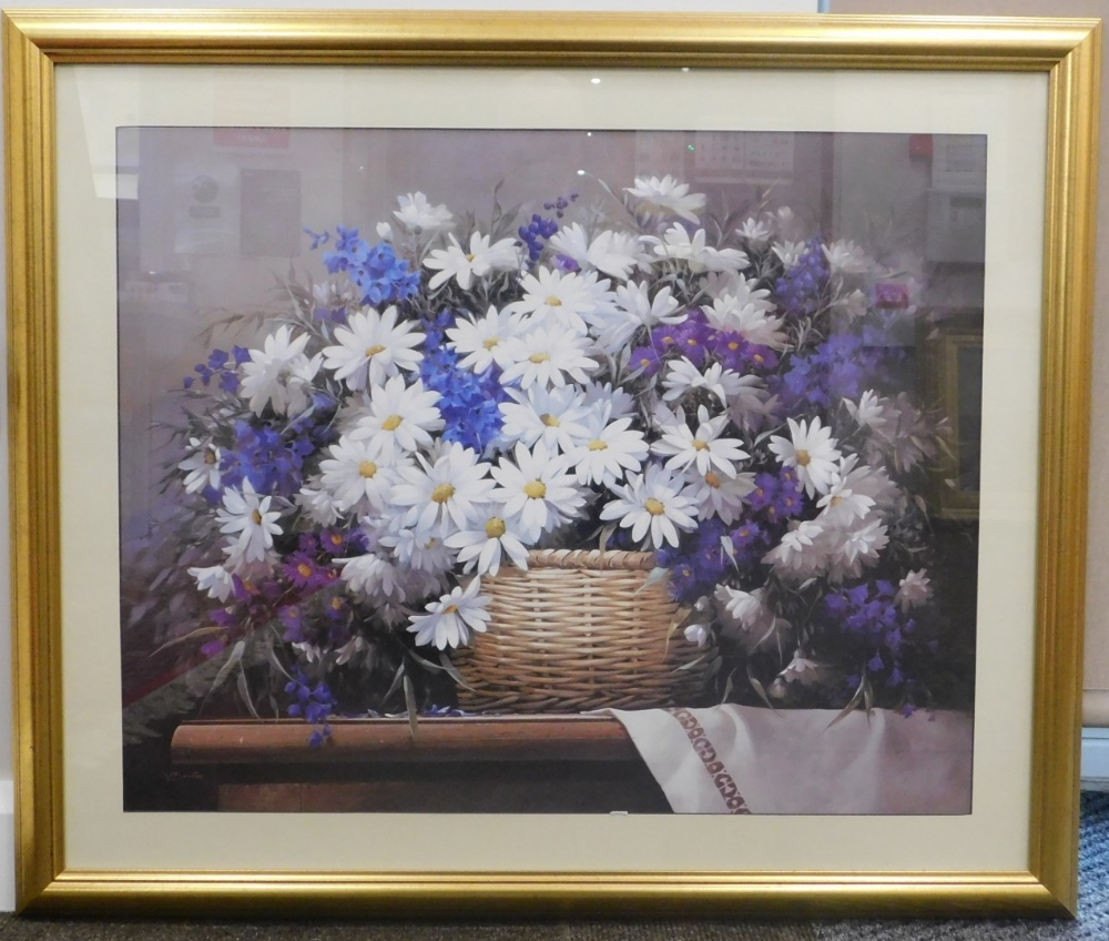 After Victor Santos. Daisies and Delphiniums, print, signed, 64cm x 74cm. - Image 2 of 5