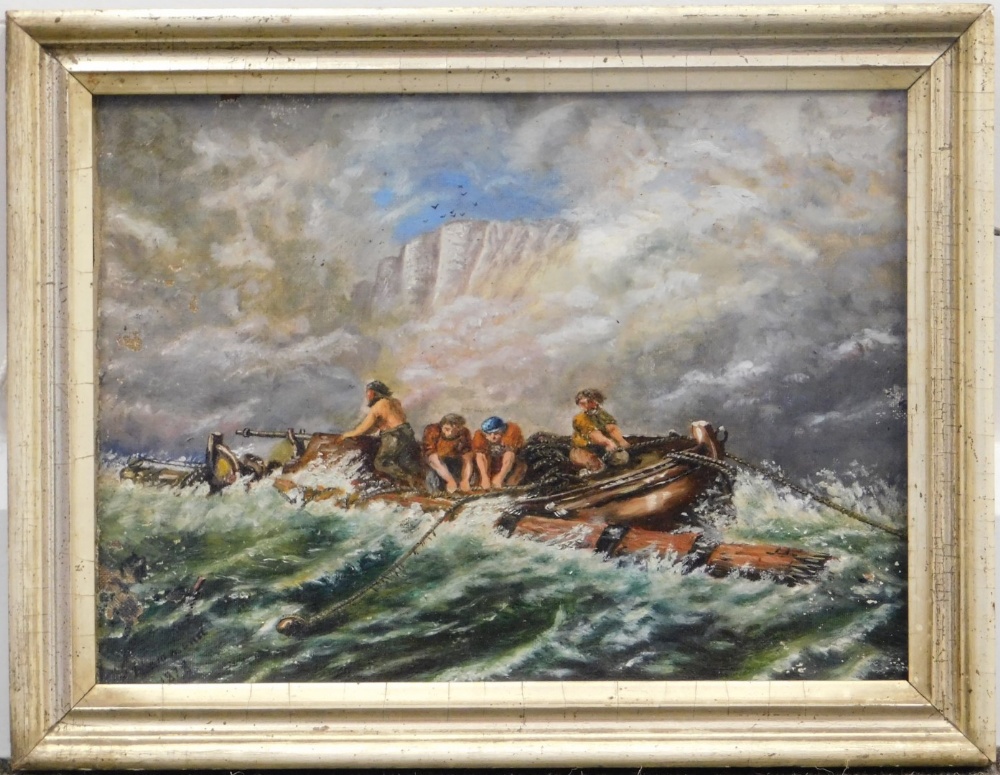 H. Hammond (19thC). Figures in a boat on rough waters, oil on board, signed and dated 1878, 22cm x 2 - Image 2 of 4