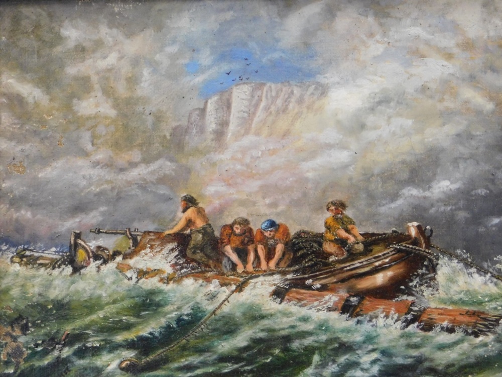 H. Hammond (19thC). Figures in a boat on rough waters, oil on board, signed and dated 1878, 22cm x 2