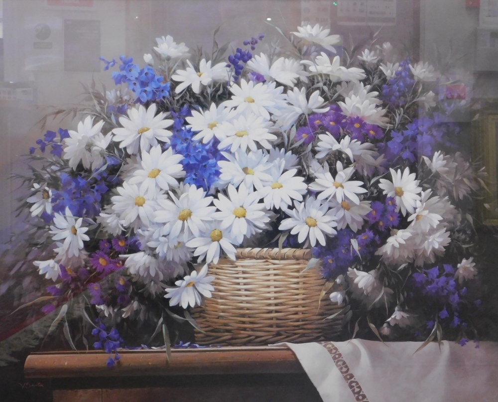 After Victor Santos. Daisies and Delphiniums, print, signed, 64cm x 74cm.