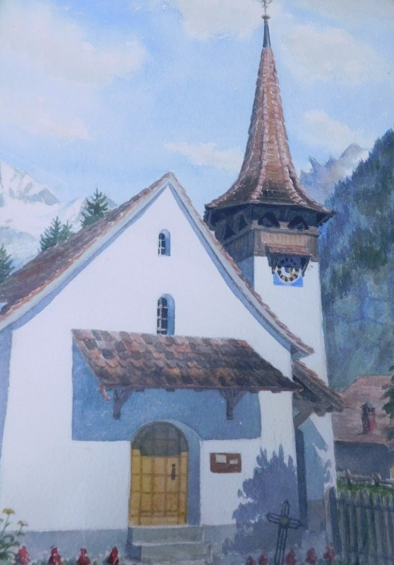 Joan Russell (20thC). European scene, church before mountains, watercolour, signed, 38cm x 27cm, var