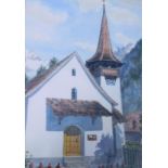 Joan Russell (20thC). European scene, church before mountains, watercolour, signed, 38cm x 27cm, var