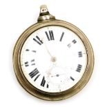 A Victorian silver pair cased pocket watch, open faced, key wind, enamel dial bearing Roman numerals