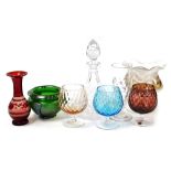 A group of 19thC and later glass ware, including a Loetz style vase and a footed vase, three vari co
