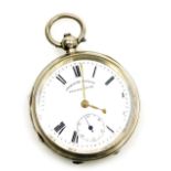 An Edward VII silver pocket watch, open faced, key wind, circular enamel dial bearing Roman numerals