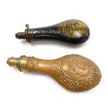 A 19thC leather and brass powder flask, the body with hand painted decoration depicting a gentleman