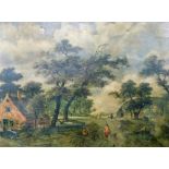 An oleograph on canvas, after an 18thC Continental Old Master, wooded landscape with figures, in a g