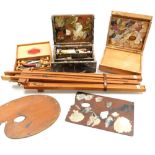 A group of artist's related items, to include folding easel, an oak painting box, containing various