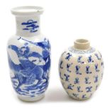 A late 19th/ early 20thC Chinese blue and white rouleau vase, hand painted with warriors, blue under