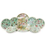 A group of late 19thC Qing dynasty famille rose porcelain, comprising six celadon plates, enamel dec