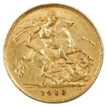 An Edward VII gold half sovereign, 1910, 4g, in leather pouch.