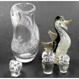 A Scandinavian style abstract glass vase, unsigned, 23cm high, together with two Kosta glass owl pap