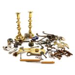 A group of collectables, to include iron keys, an Acme Guide whistle, furniture handles, brass lock,