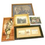 Various pictures, prints, etc., to include a colour stipple engraving depicting a Dutch 18thC tavern
