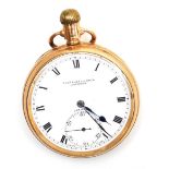 A George V 9ct gold cased pocket watch, open faced, keyless wind, circular white enamel dial marked